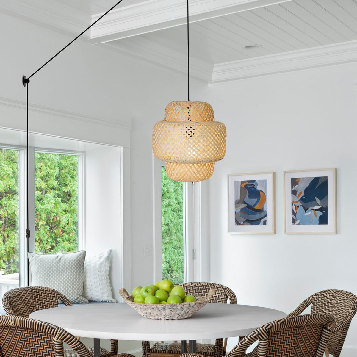 Plug in Pendant Light Rattan Hanging Lights with Plug in Cord, Handwoven Bamboo Lampshade Hanging Lamp with Dimmable