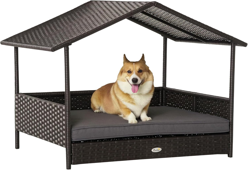 Wicker Dog House Outdoor with Canopy, Rattan Dog Bed with Water-Resistant Cushion, Raised Dog Bed for Small, Medium