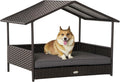 Wicker Dog House Outdoor with Canopy, Rattan Dog Bed with Water-Resistant Cushion, Raised Dog Bed for Small, Medium