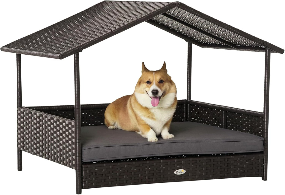 Wicker Dog House Outdoor with Canopy, Rattan Dog Bed with Water-Resistant Cushion, Raised Dog Bed for Small, Medium