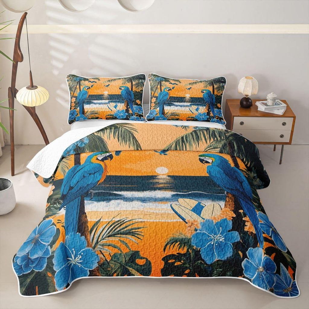 Parrot Quilts for Bed Tropical Plant Birds Bedspreads Soft Bed Summer Lightweight Comforter Palm Tree Pattern