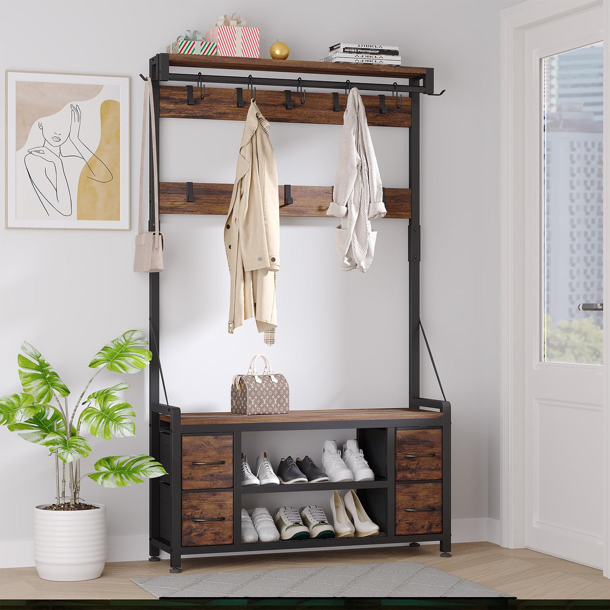 39" Hall Tree with Storage Coat Rack freestanding Entryway Furniture Bench, 5 in 1 Design Front Door Shoe Rack and