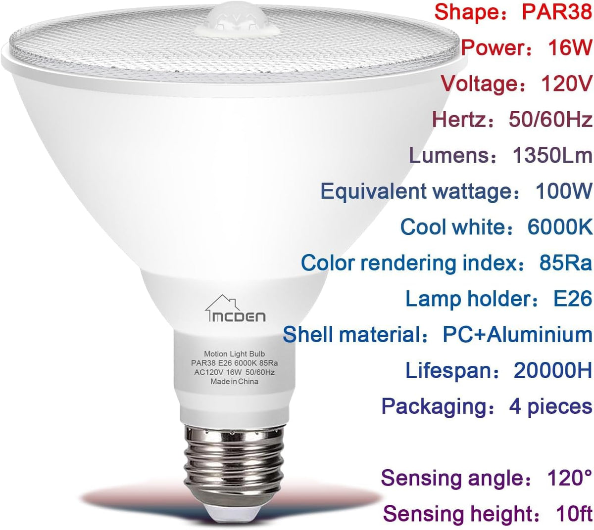 Motion Sensor Light Bulb, PAR38 16W Equivalent 100W 6000K Daylight, Indoor Motion Activation Detector Light Bulb, E26