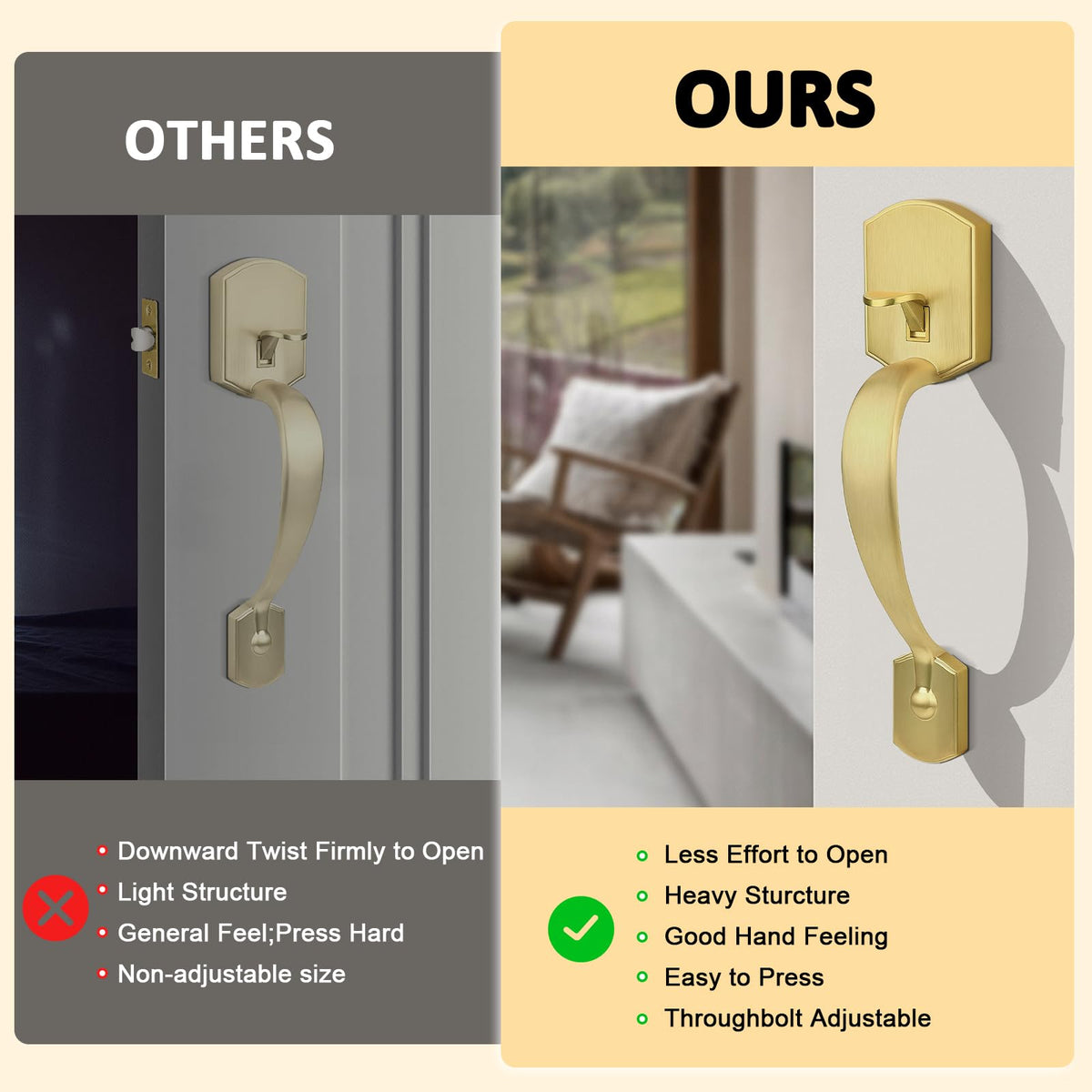 Front Door Handle,Brushed Gold, Heavy Duty Exterior Door Handle with Reversible Lever, Satin Gold Entry Lock Grip