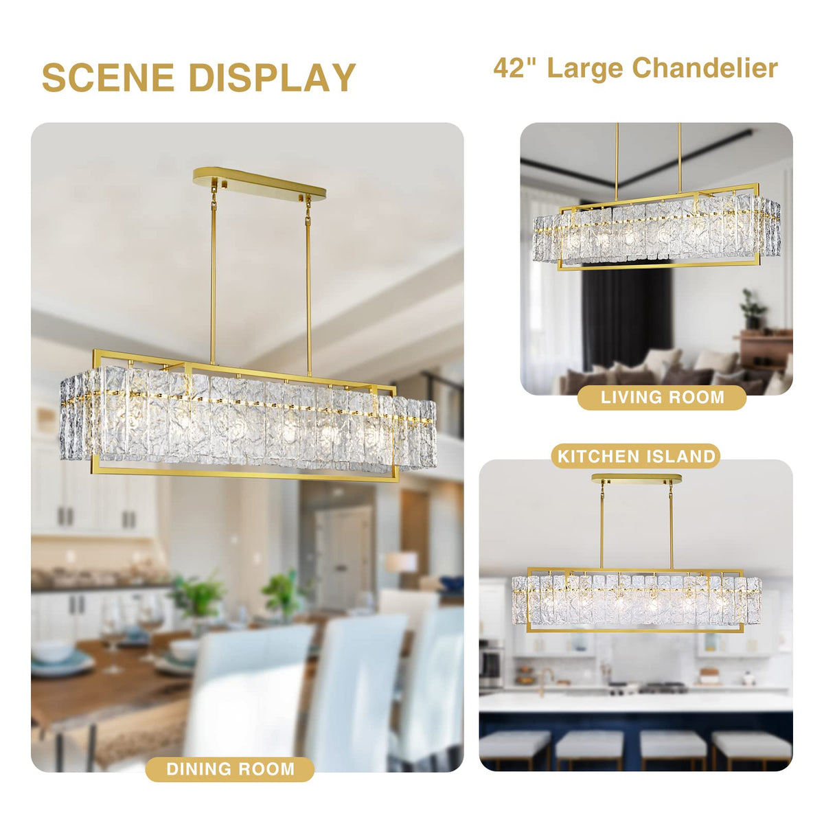 42" Gold Large Modern Crystal Rectangular Chandelier