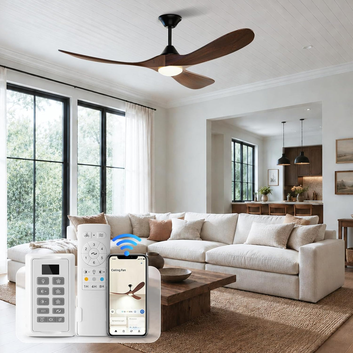 Wall Switch-60 inch Outdoor Ceiling Fan with Light Remote for Patios, Wet Rated Wood 3-Blade Propeller Ceiling Fans