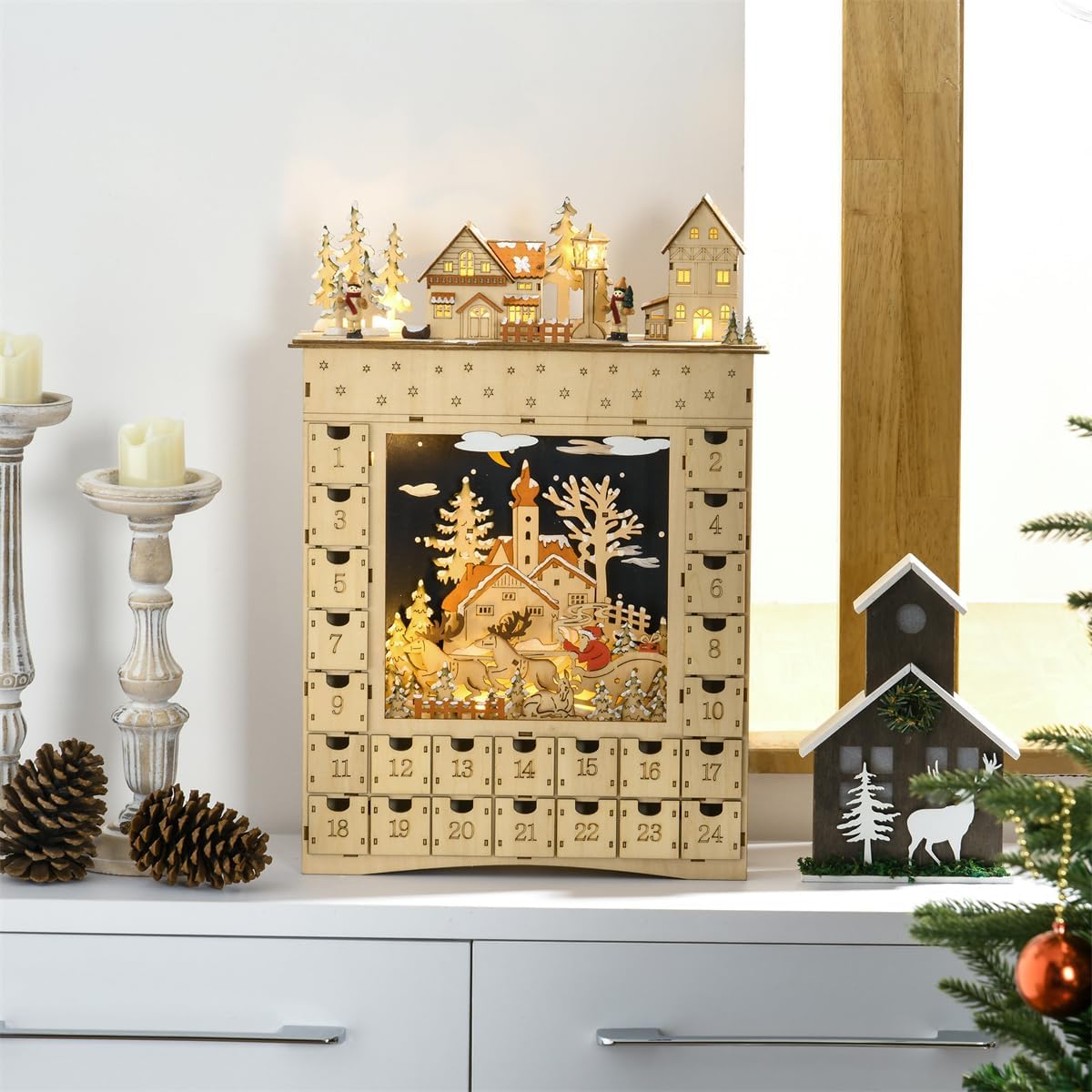 Christmas Wooden Advent Calendar, LED 24 Day Advent Calendar Decorated with Christmas Tree House and LED Lights