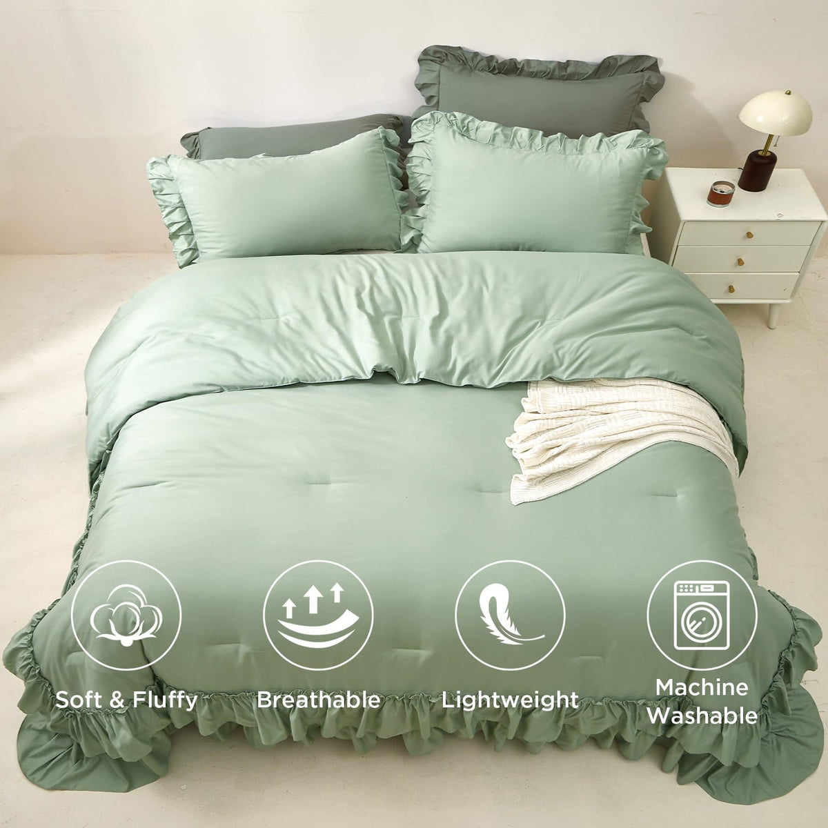 Comforter Set Sage Green, Lightweight Fluffy Farmhouse Ruffle Bedding Set, Soft Microfiber All Season