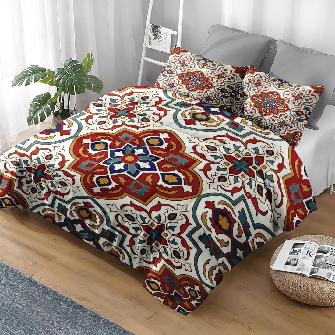 King Comforter Set, 3 Pieces Moroccan Boho Bedding, All Season