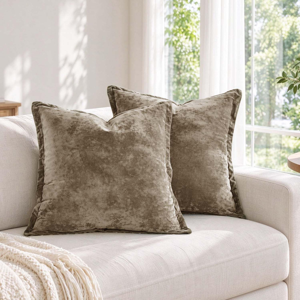 Greek Velvet Euro Sham Covers Set of 2 26x26 Luxury Soft Solid Pillow Covers Bedroom Yard, Brown