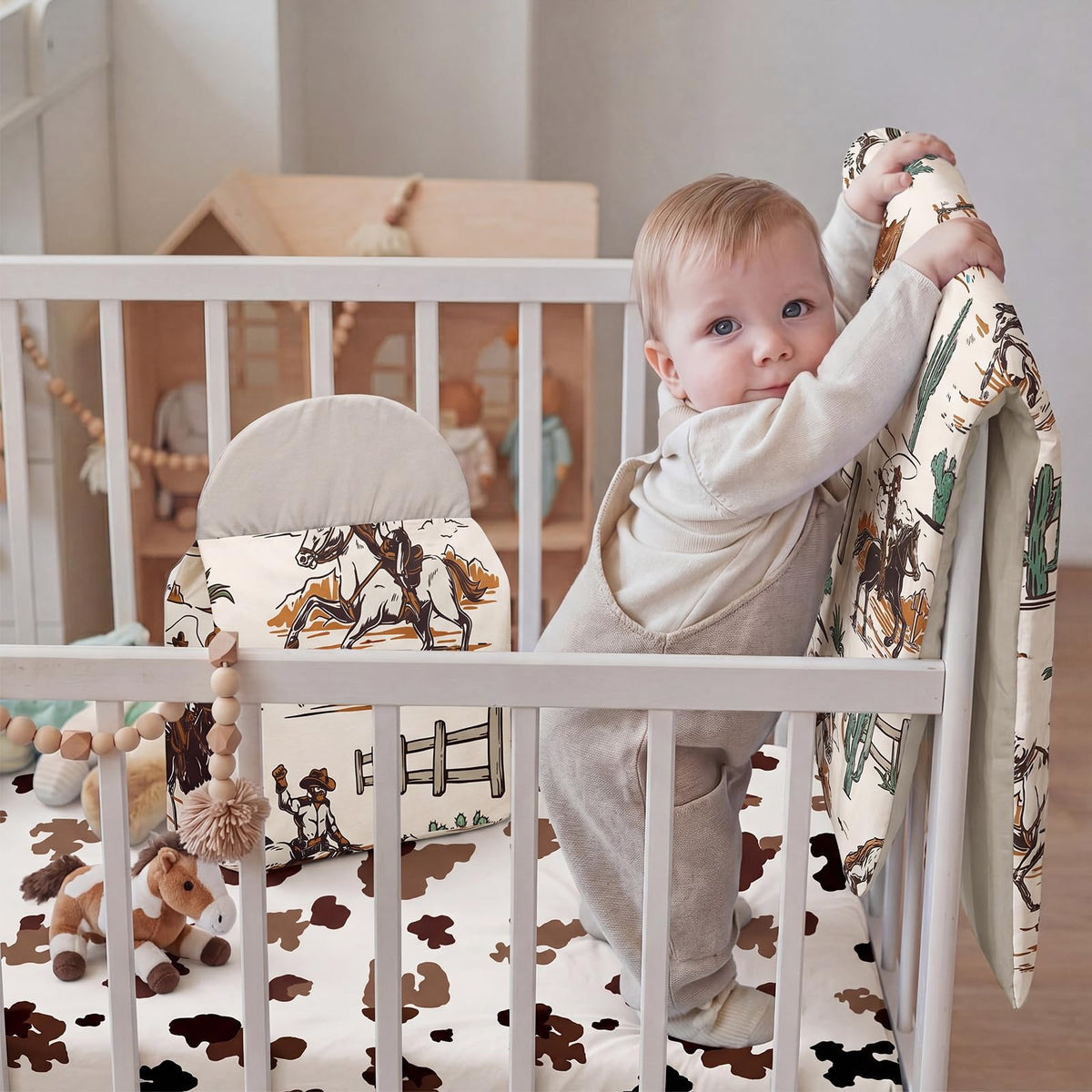 4 Piece Western Cowboy Crib Bedding Set, Soft Neutral Nursery