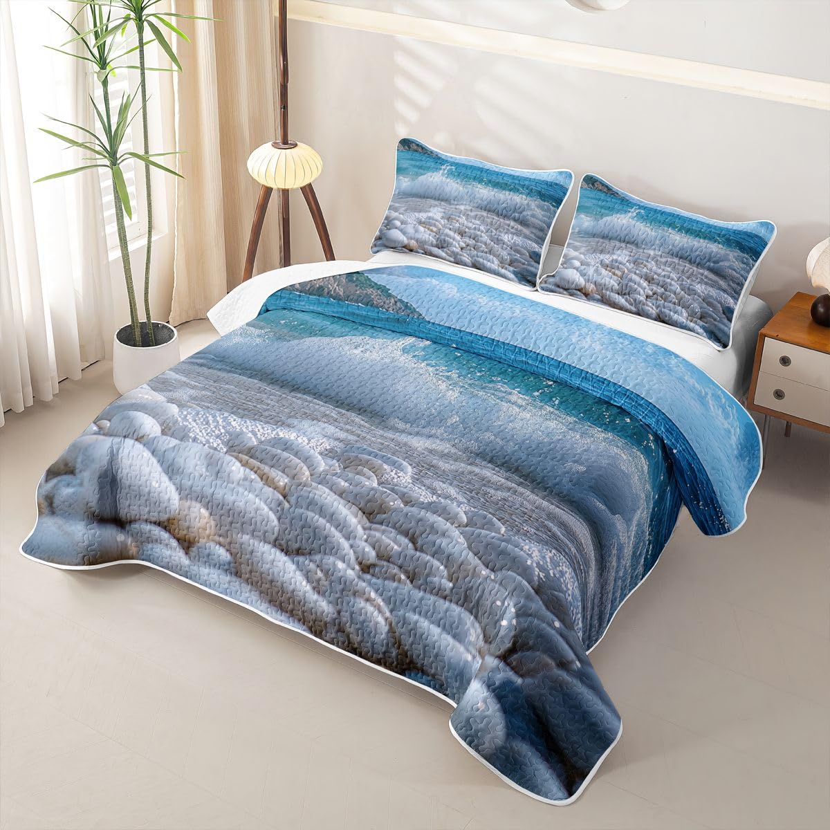 Pebble Quilt Beach Cobble Print Quilt Set 3D Stone Gravel Quilted Bedspread Hawaii Beach Coverlet