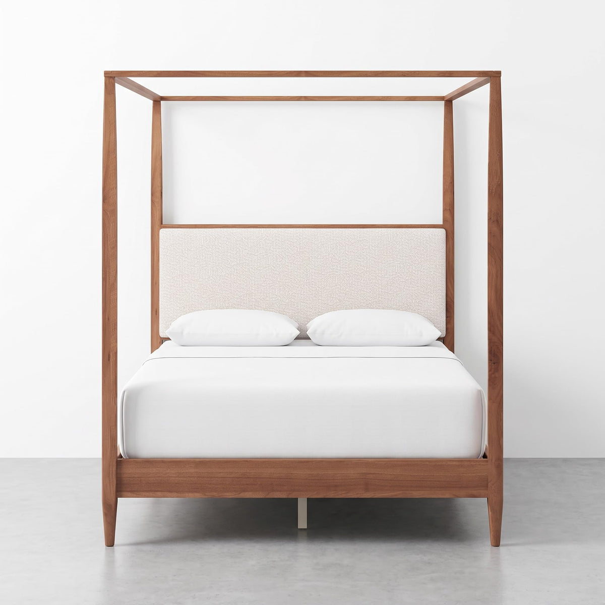4-Poster Wood Canopy Bed with Boucle Headboard, Walnut