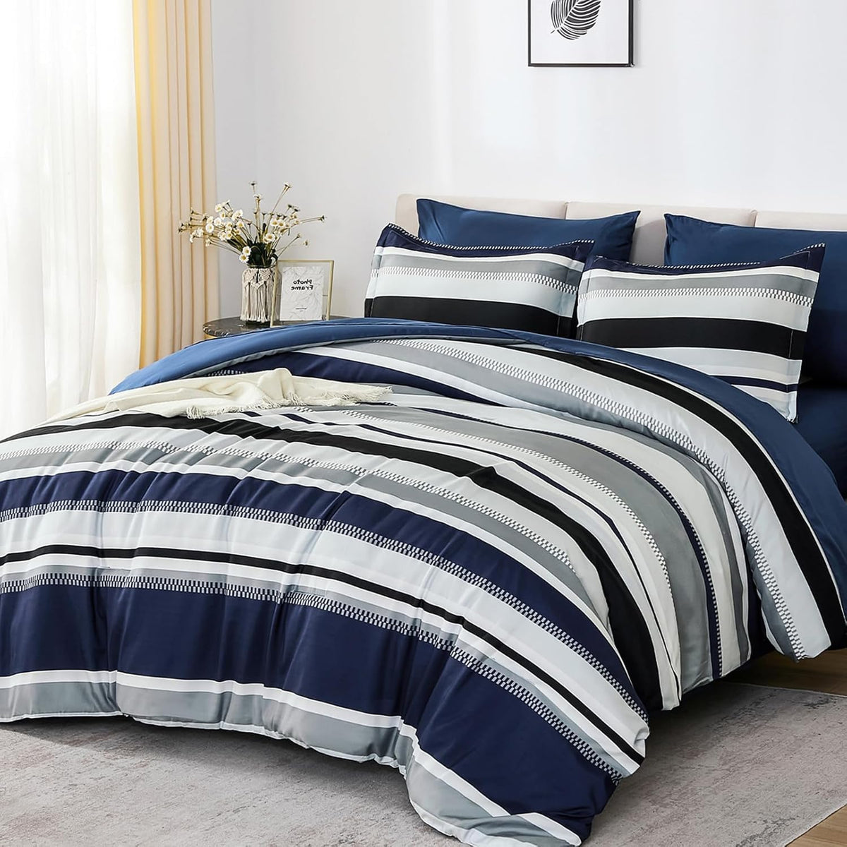 Comforter, Navy Blue Bedding Comforter Set for Bed, Striped Bed in a Bag Comforter Sets for