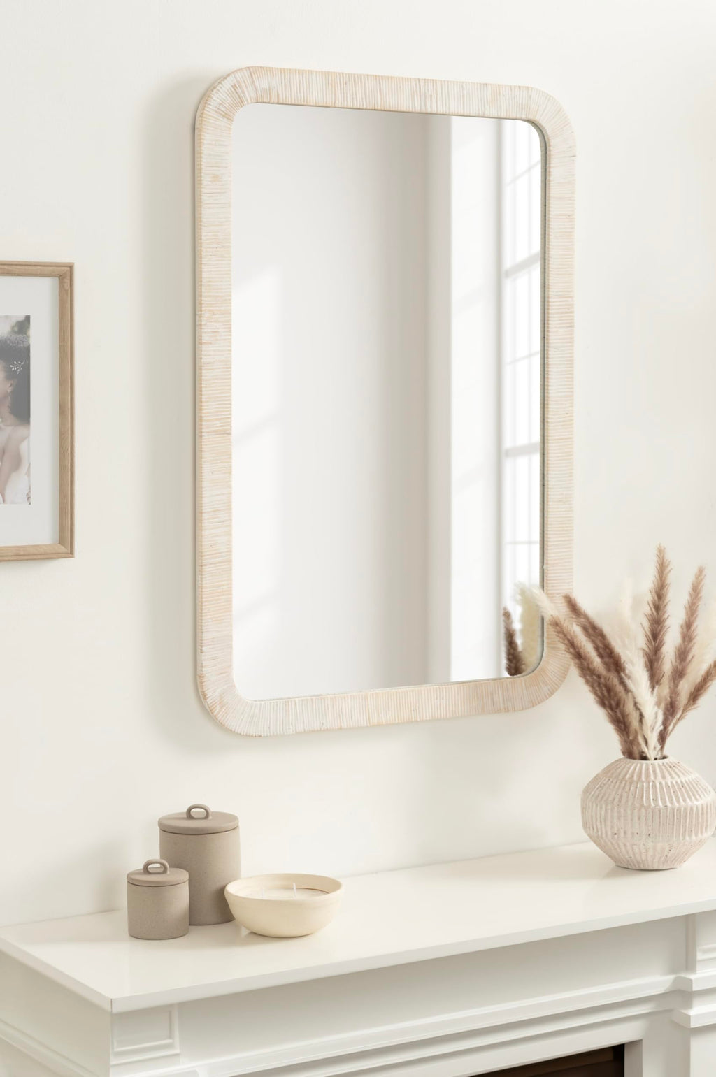 Rahfy Boho Rectangle Rattan Mirror; 24 x 36; White; Decorative Rounded Rectangular Wall Mirror with Authentic Rattan