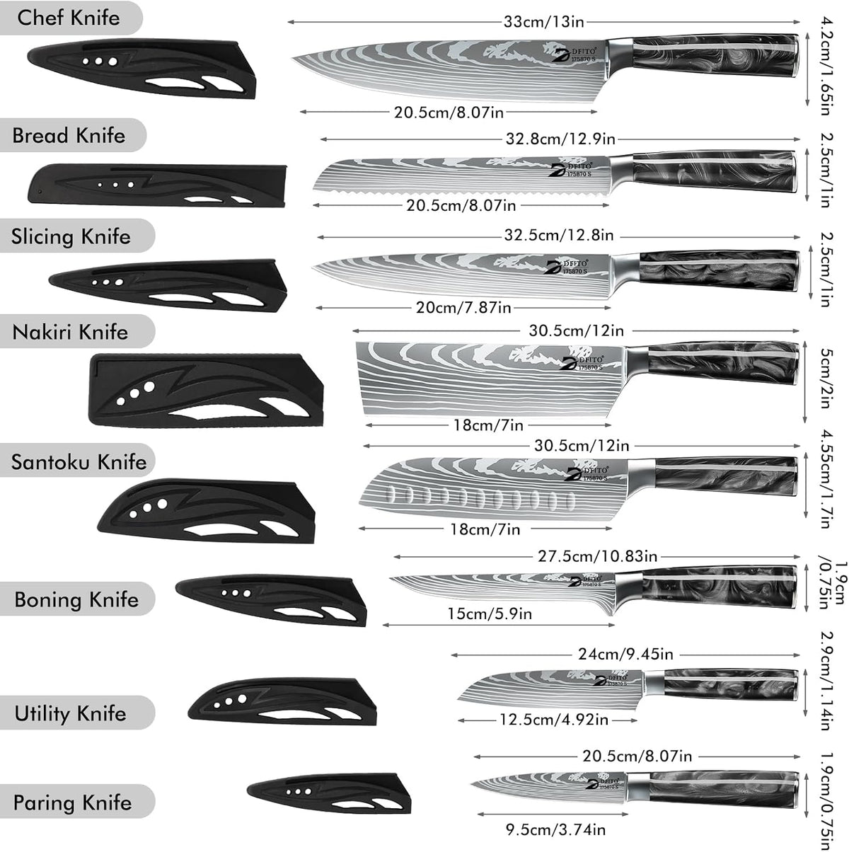 Chef Knife Sets with Roll Bag, 9 Pieces Professional Knife Set | High Carbon Stainless Steel Kitchen Knife Set with