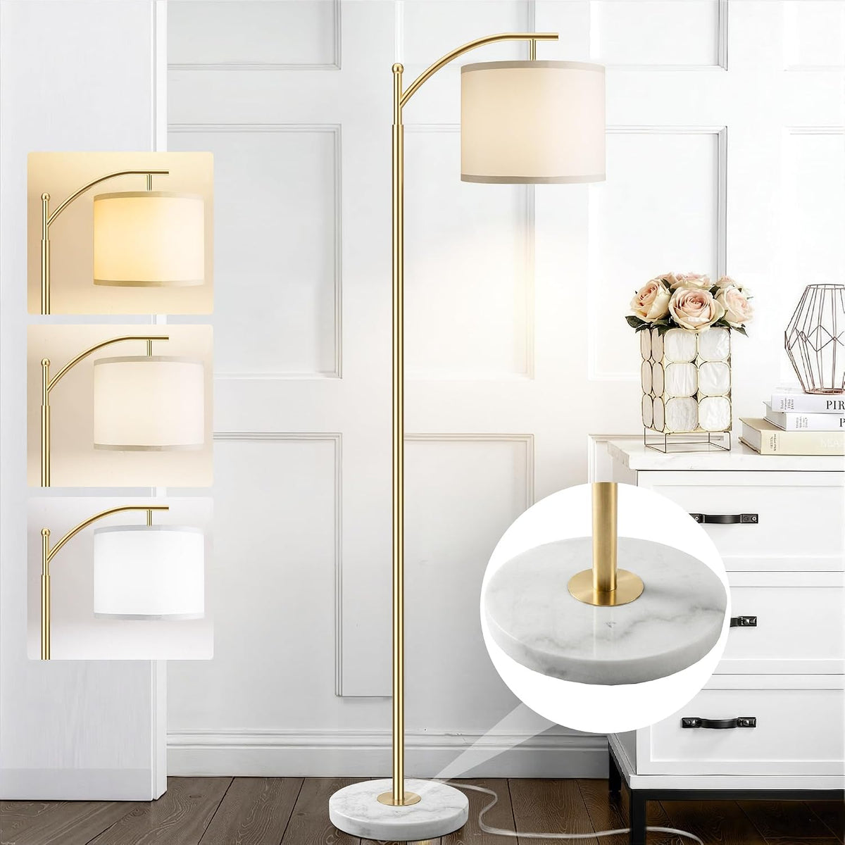 Gold 63-Inch Standing Floor Lamp with Weighted Marble Base