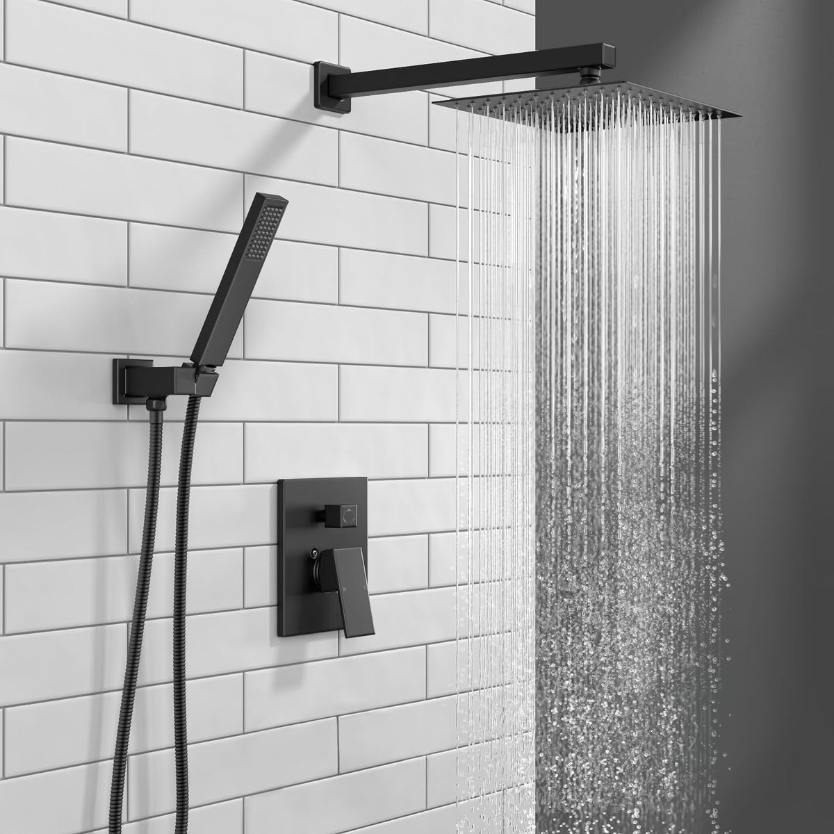Modern 2-Setting Square Shower System with Rain Shower Head and Handheld Spray Black, Rainfall Shower Faucet Set