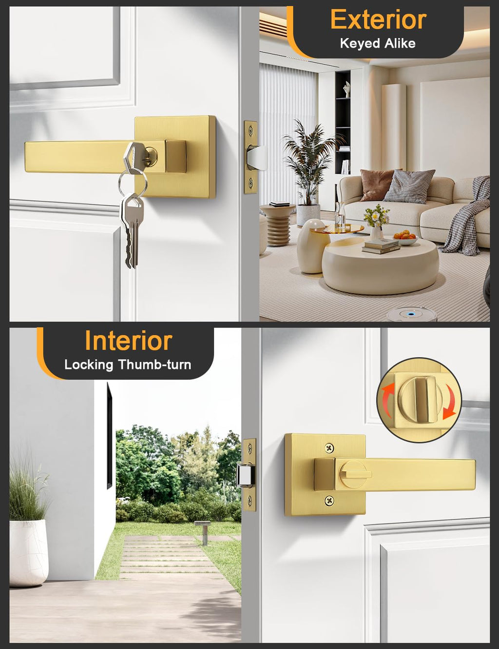 Keyed Alike Entry Door Handle Gold Door Handles Heavy Duty Entrance Door Lock Reversible Square Door Lever or Front