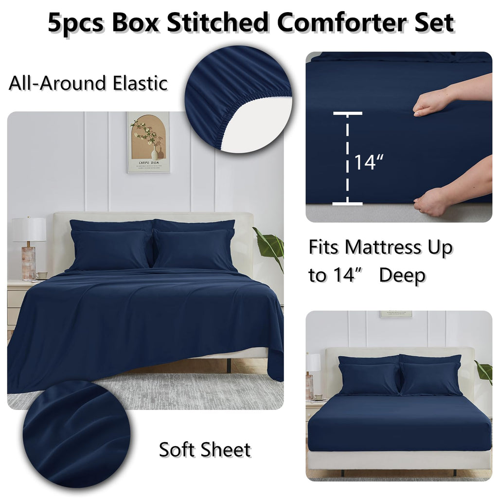 Oversized Comforter Set, 7-Piece Bed in a Bag, Navy Blue