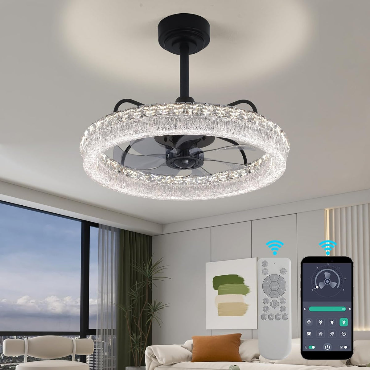 20" Crystal Ceiling Fan with Light & Remote