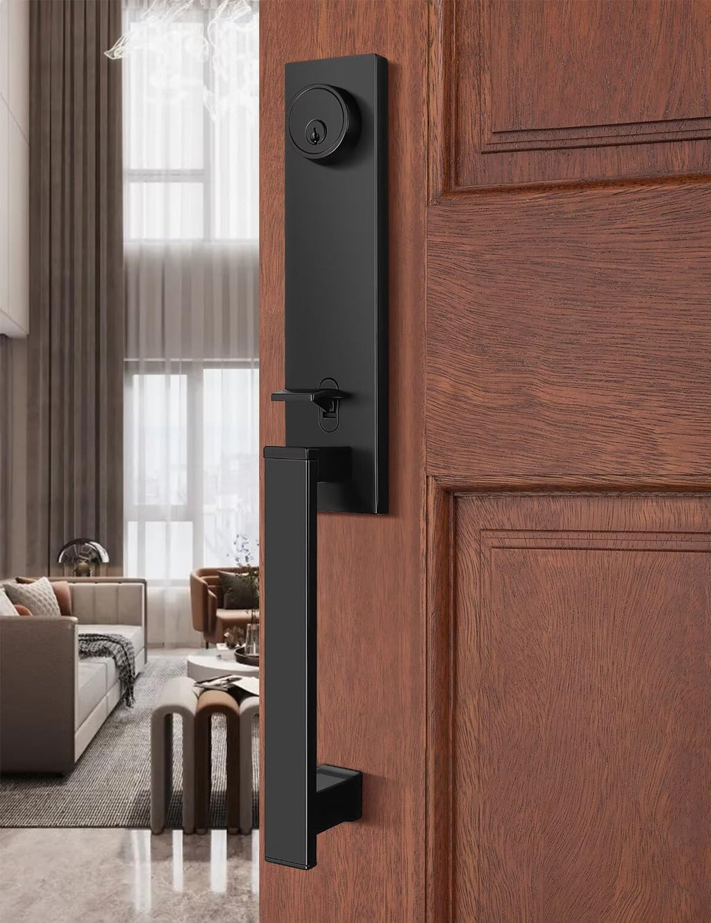 Full Escutcheon HandleSet Front Door Entry Handle and Deadbolt Lock Set Slim Square Single Cylinder Deadbolt and
