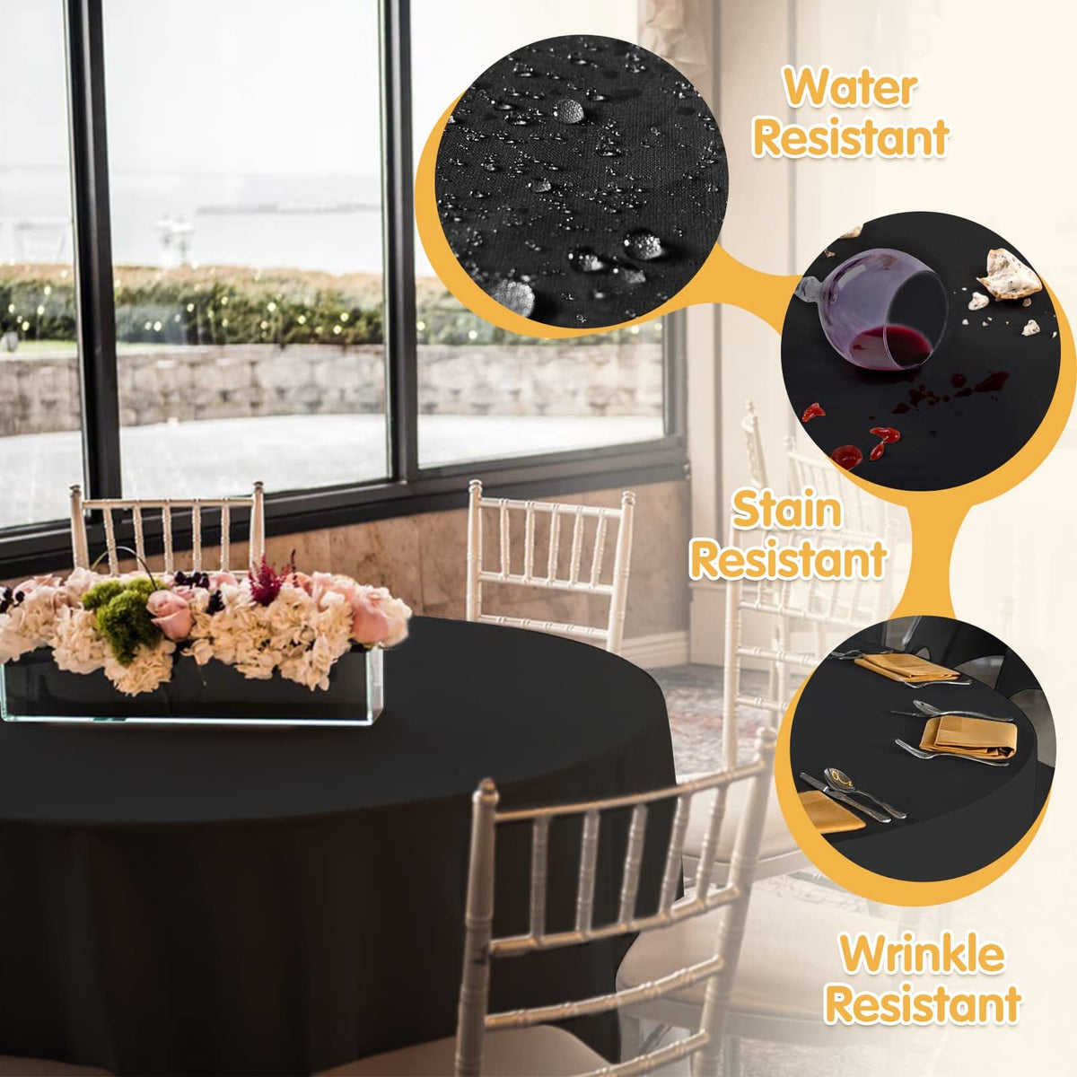 6 Pack Black Round Tablecloths 120 Inch for 60" Tables