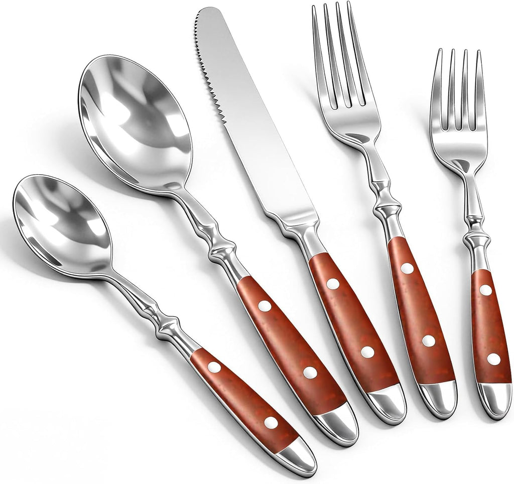 Brown Silverware Set, Flatware Set with Brown Bakelite Handle, 20pcs