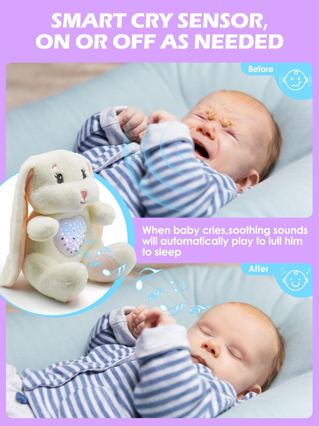 Wioon Baby Sleep Soother Bunny Toy with Cry Sensor & Starlight Projector - 15, Rechargeable Plush Toy for 3-36