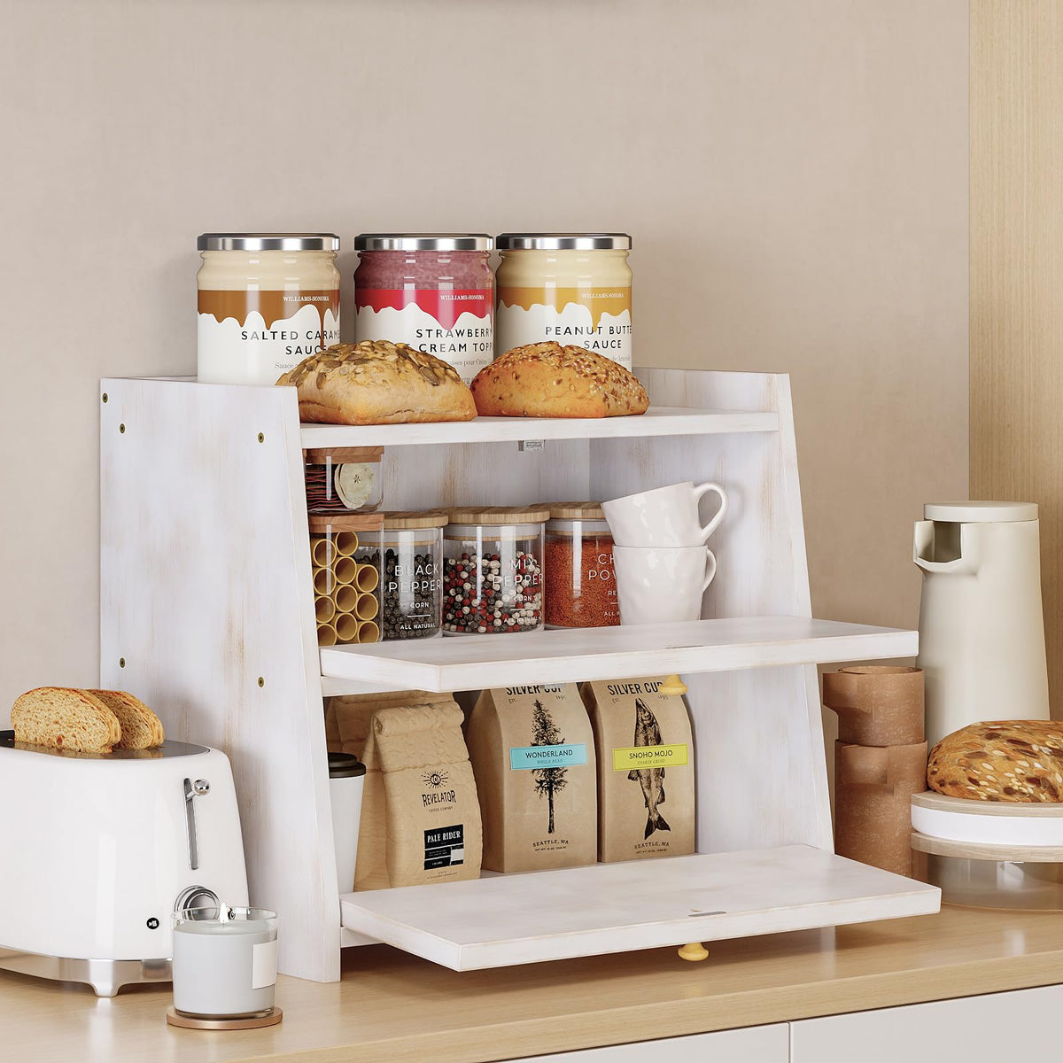 Vintage Double Layer Counter Bamboo Bread Storage Container Large Capacity Bread Storage Bin (Antique White)