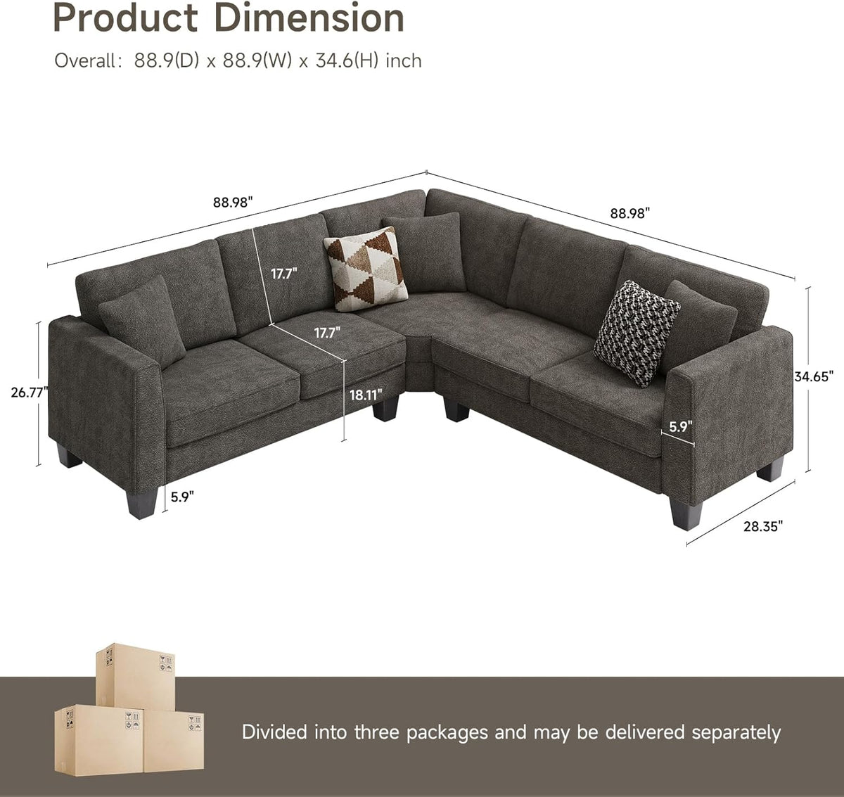 L Shaped Couch, Small Corner Sectional Sofa for Living Room, Comfy Chenille L Shape Sofa with 3 Throw Pillows