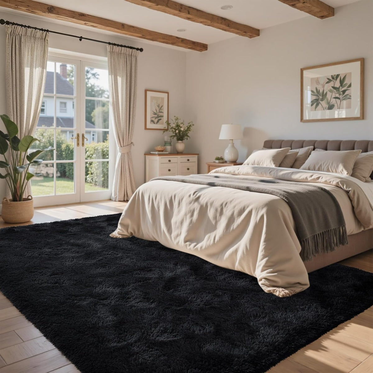 Black Area Rugs, Large Fluffy Shag Bedroom Rugs Non-Slip, Ultra Soft Plush Carpet Kids PlayRoom Dorm Office
