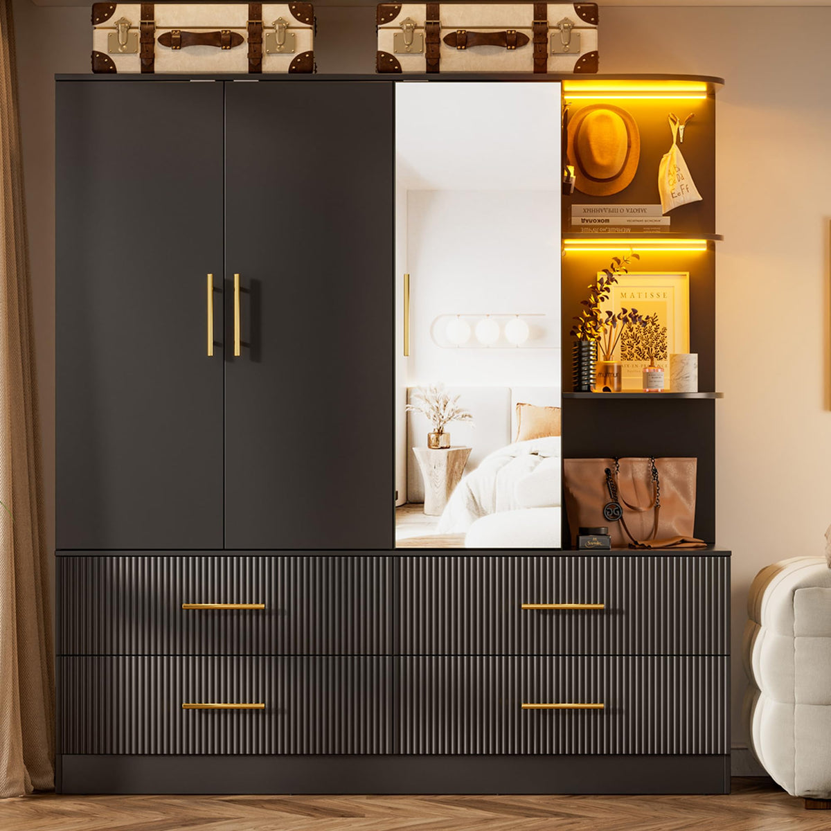 Armoire Wardrobe Closet with 3 Door, Mirror, LED Lights