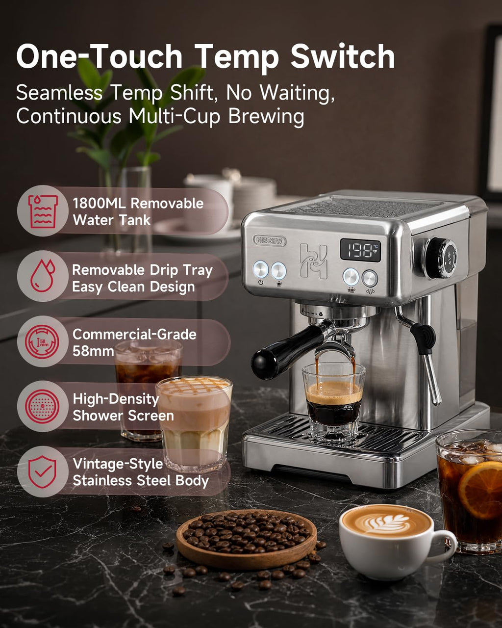 Customizable 58mm Espresso Machine, One-Touch Pressure Release