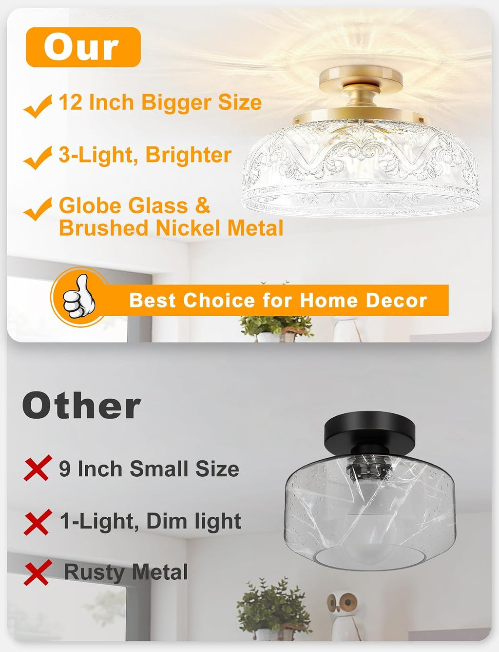 Semi Flush Mount Ceiling Light, 12 Inch Large Gold Ceiling Light Fixture, 3-Light Globe Glass Farmhouse Kitchen