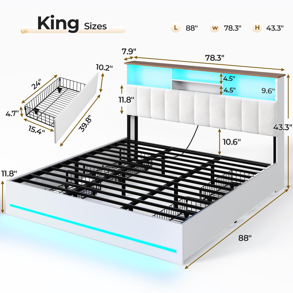 King Size Bed Frame with Bookcase Headboard, Wooden Bed Frame King Size with Charging Station, 4 Storage Drawers and