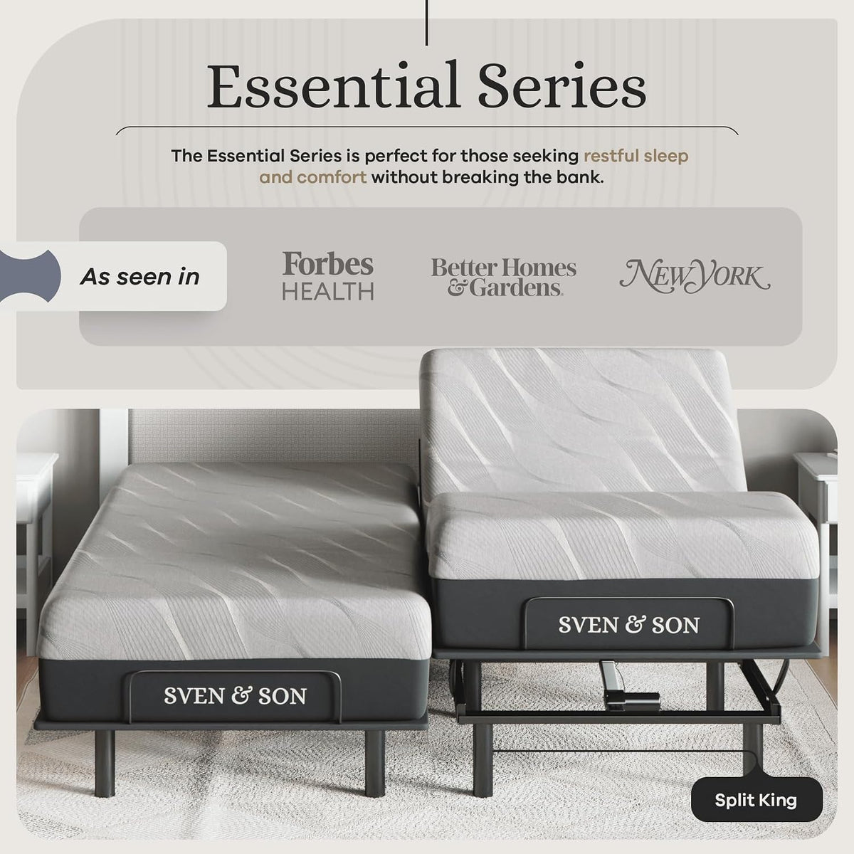 Essential Adjustable Bed Base (Frame) + 14 inch Hybrid Spring Matt (Medium Soft), Easy Assembly, Head and Foot Lift