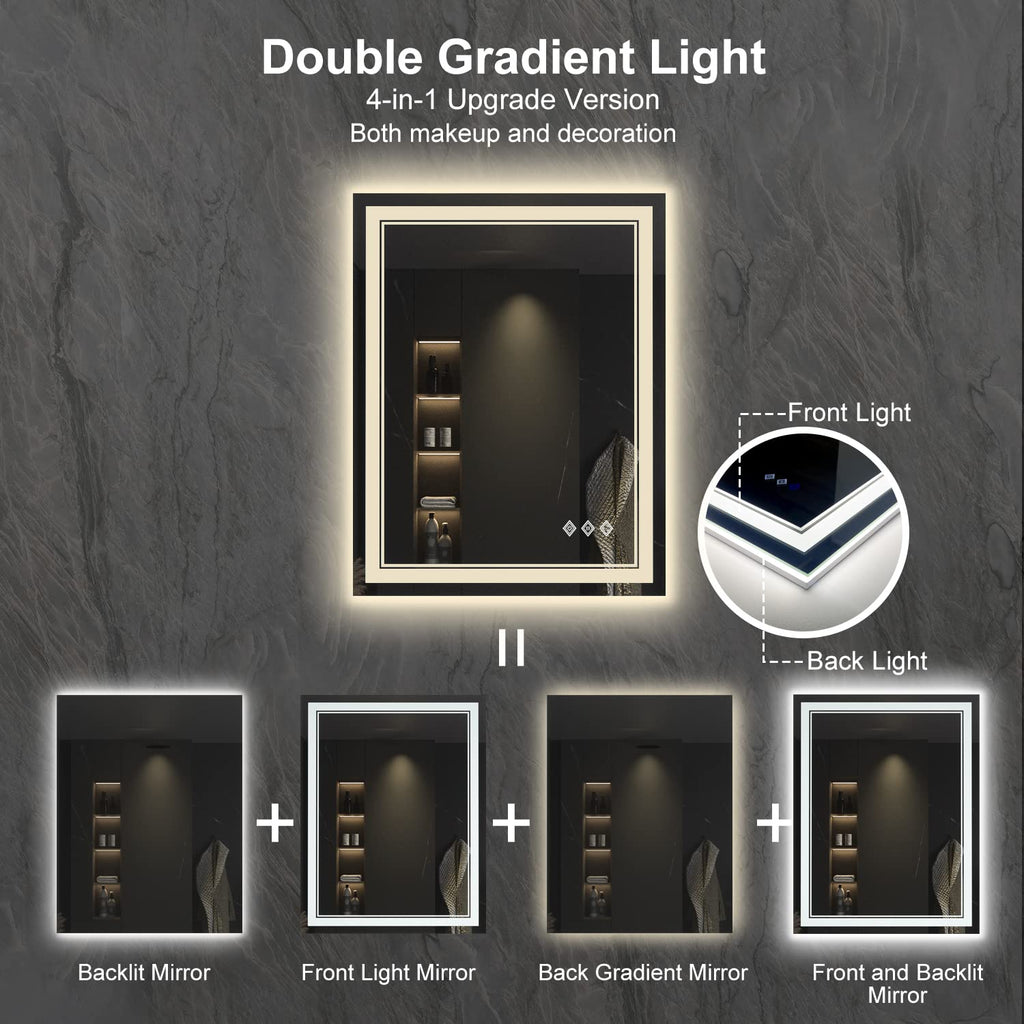 LED Bathroom Mirror, 24x32 Inch Vanity Mirror with Lights, Gradient Front and Backlit Bathroom Mirror with Lights, 3