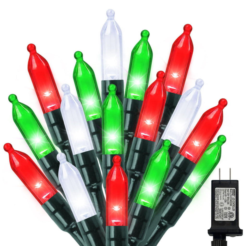 Red Green White Christmas Mini Lights, 32.5FT 100 LED Clear Bulbs String Lights with 16 Light Modes, Fairy Lights
