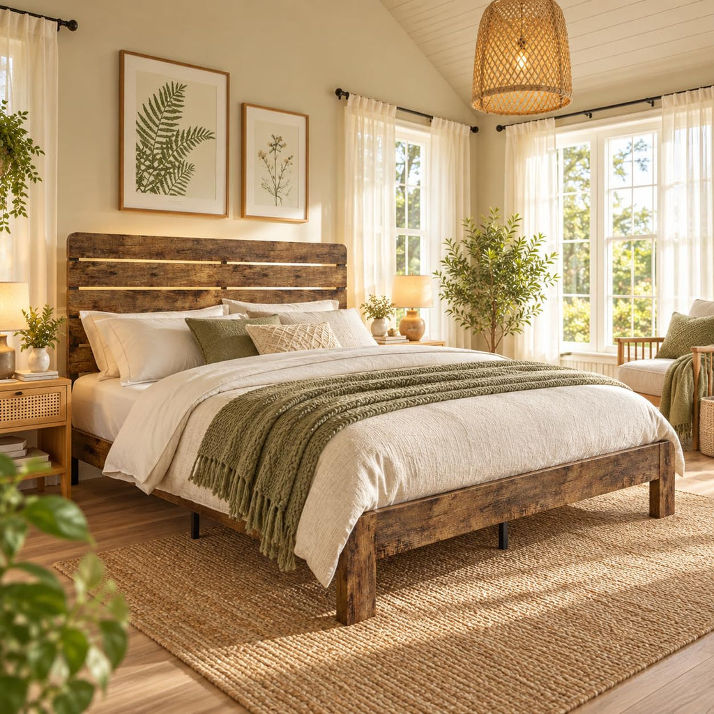 King Size Wooden Bed Frame with Headboard, Wood Slat Support