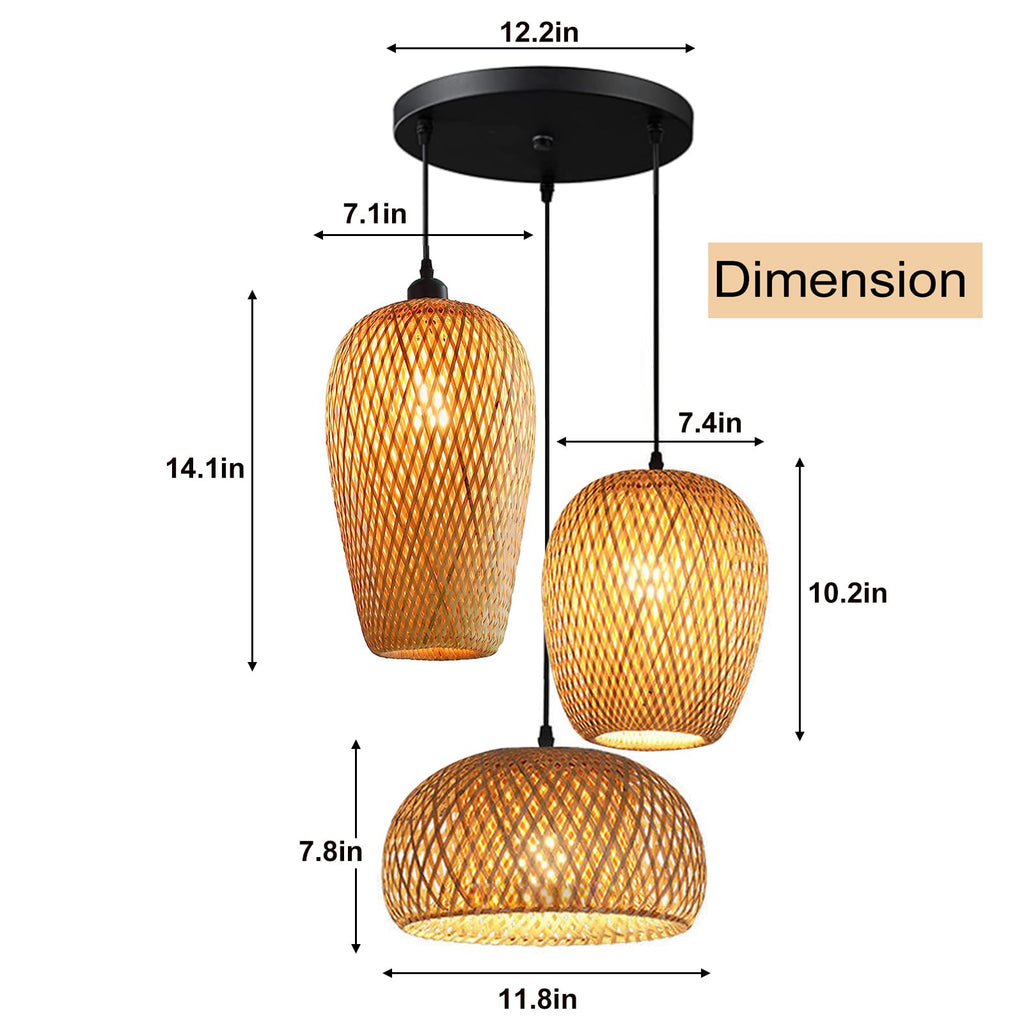 Bamboo Pendant Lights, 3 Headlights E26 E27 Retro Rustic Yellow Bamboo Wicker Rattan Woven Chandelier Lamp Shade