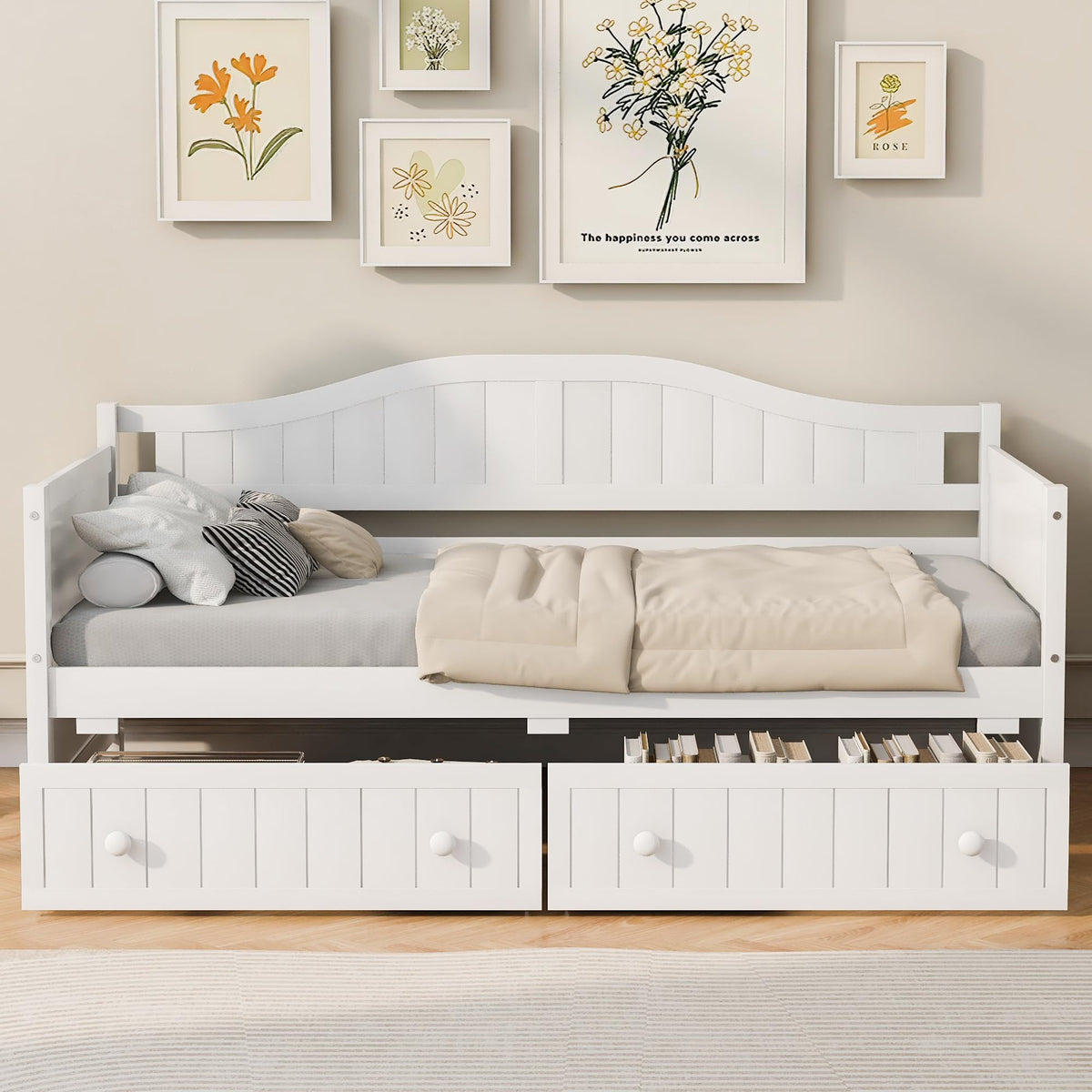 Daybed with Storage Drawers, Sturdy Pine Wood Corner Bed Frame with Headboard, Farmhouse Daybed Living