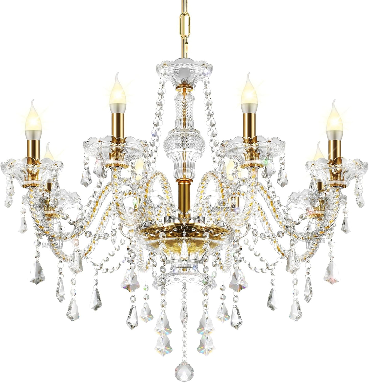 Gilded Candle Crystal Chandelier with Draped Prism Strands, Medium