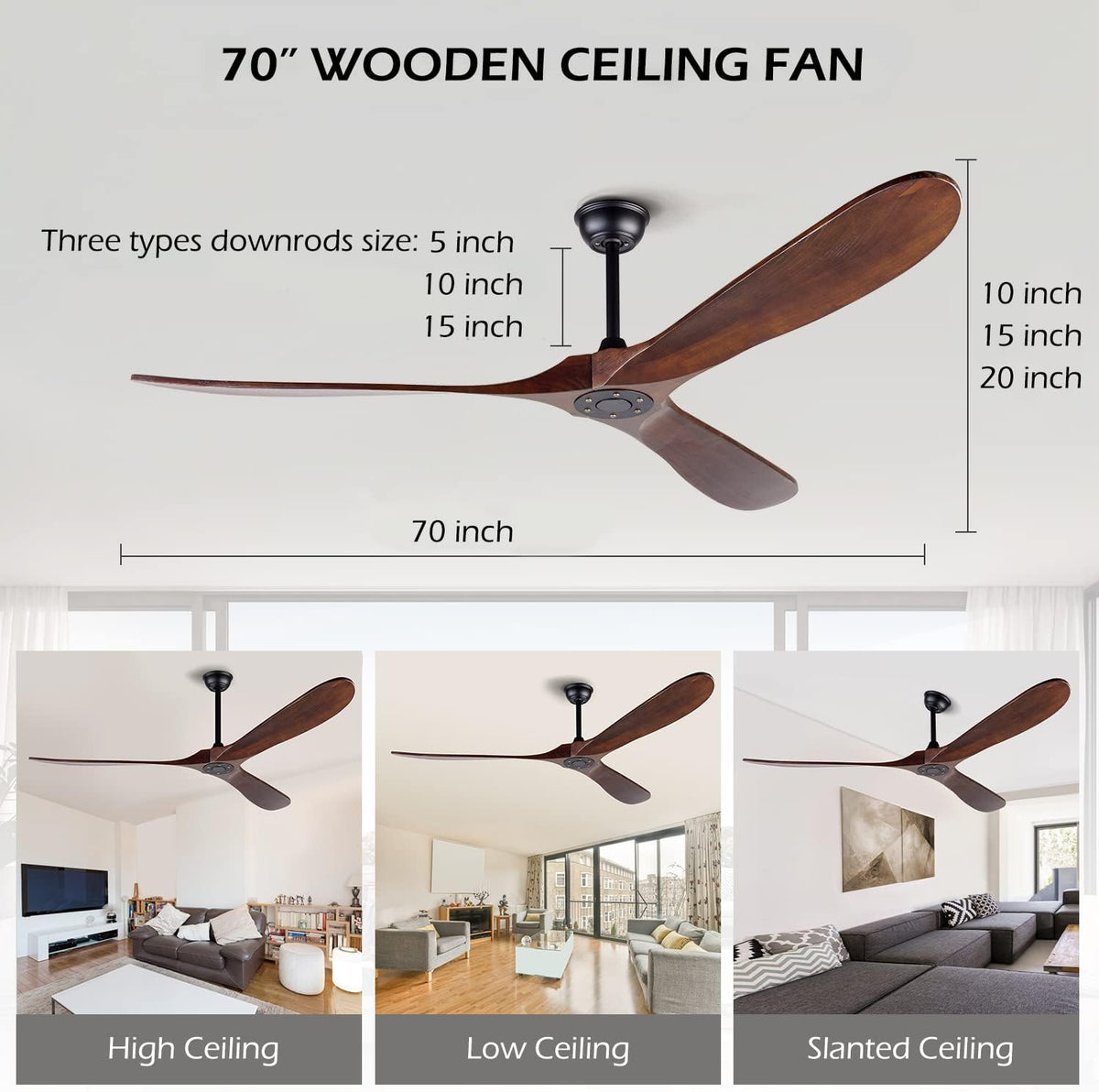 72" Wood Outdoor Ceiling Fan, No Light