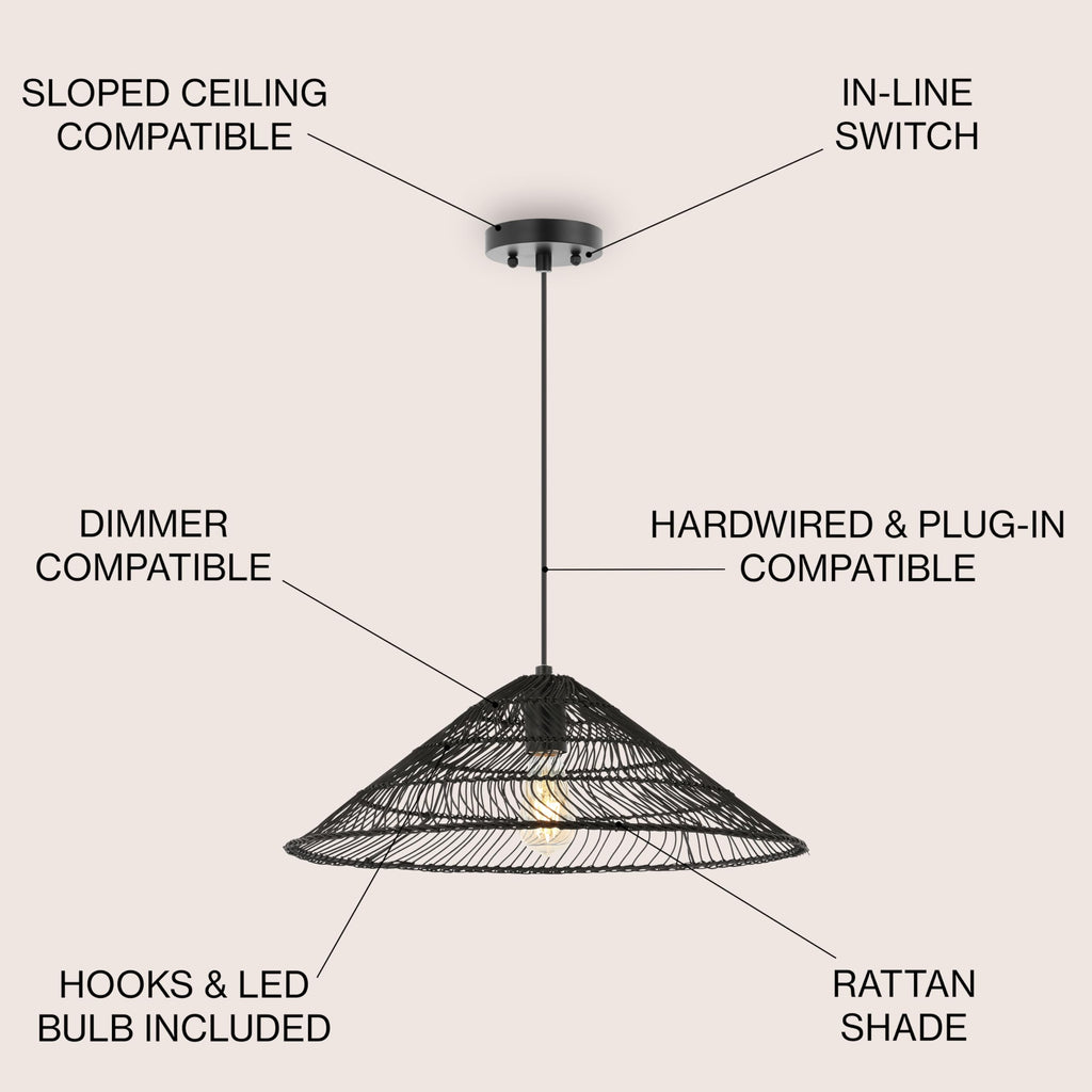 Connie Farmhouse 1-Light Pendant 20.25" Rattan, Black