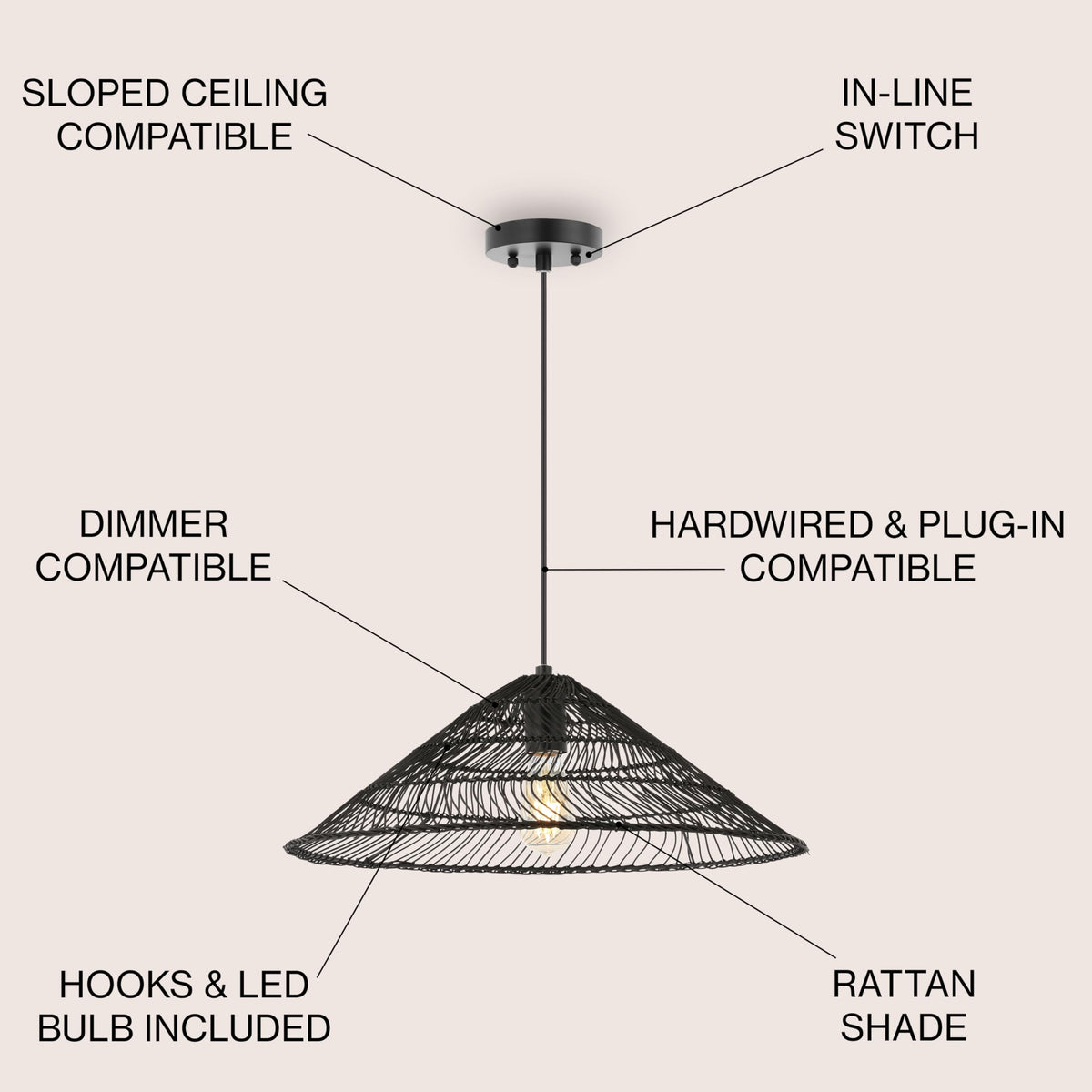 Connie Farmhouse 1-Light Pendant 20.25" Rattan, Black