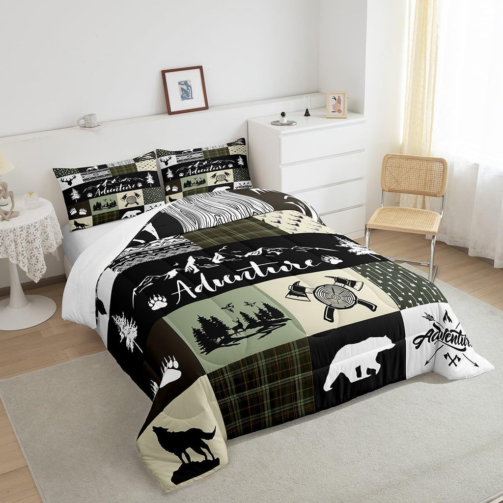Rustic Farmhouse Comforter Set, Bear Deer Wolf Wild Animals Patchwork Bedding Set All Season Quilt Set, Cabin