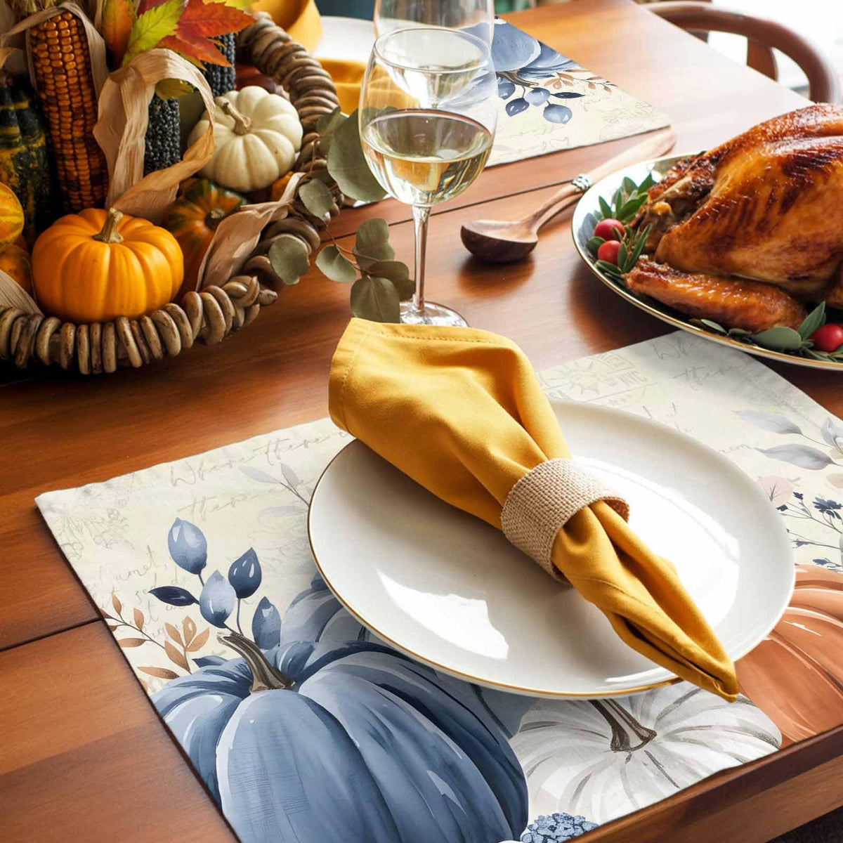 Fall Placemats Set of 4 Blue Pumpkin Place Mats Floral Leaves Autumn Placemat Washable Harvest Thanksgiving Table