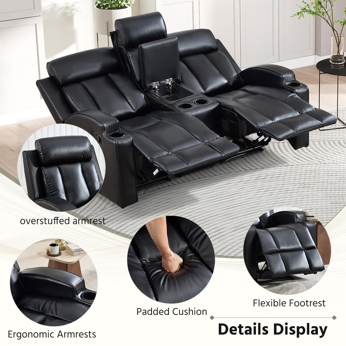 3-Piece Manual Recliner Sofa Set, Included Recliner and 2Loveseat 2-Seater Sofa with Center Console, Overstuffed Pu