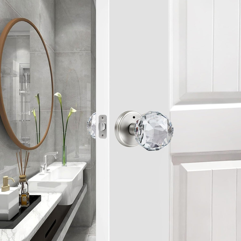 Crystal Glass Door Knobs Interior, Premium Bathroom Bedroom Door Knobs with Lock, Satin Nickel Finish